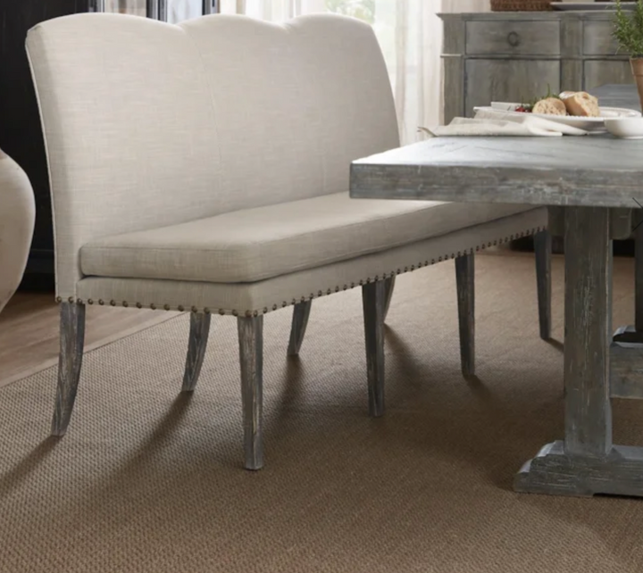 Upholstered 3 seater Dining Bench  Seat with nailhead trim  detail and tapered legs | 1740mm x 700mm x 1000mm
