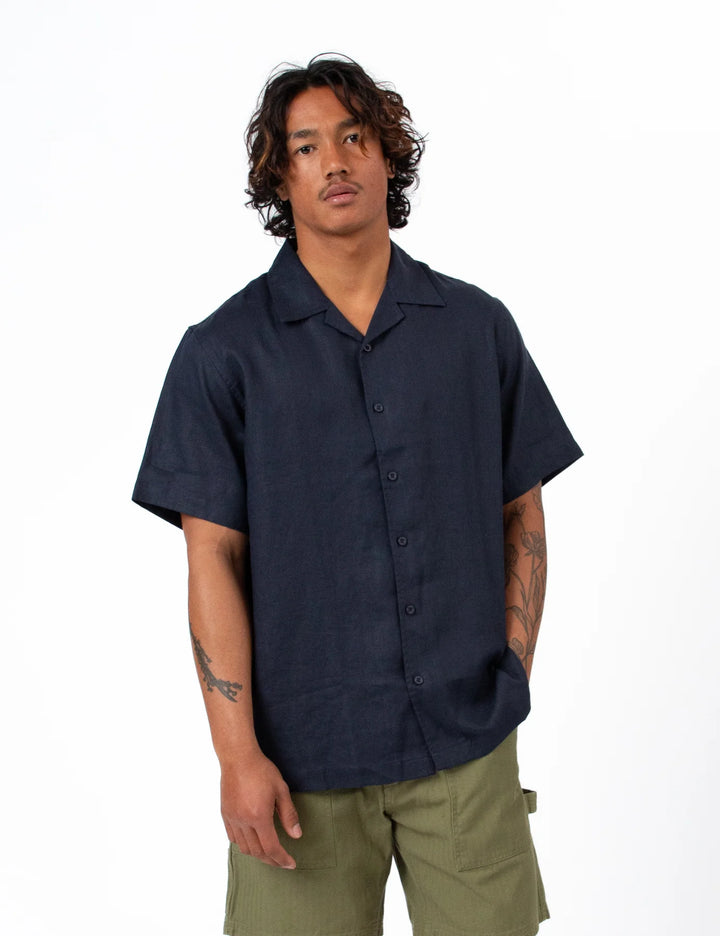 Simple | Linen Short Sleeve Cuban Shirt | Navy