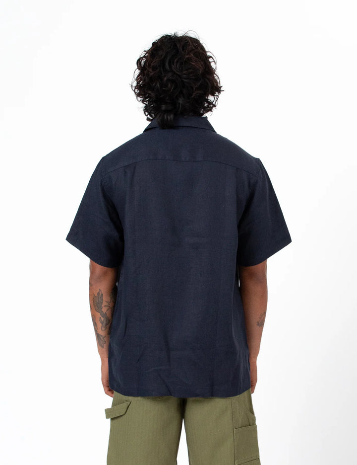 Simple | Linen Short Sleeve Cuban Shirt | Navy