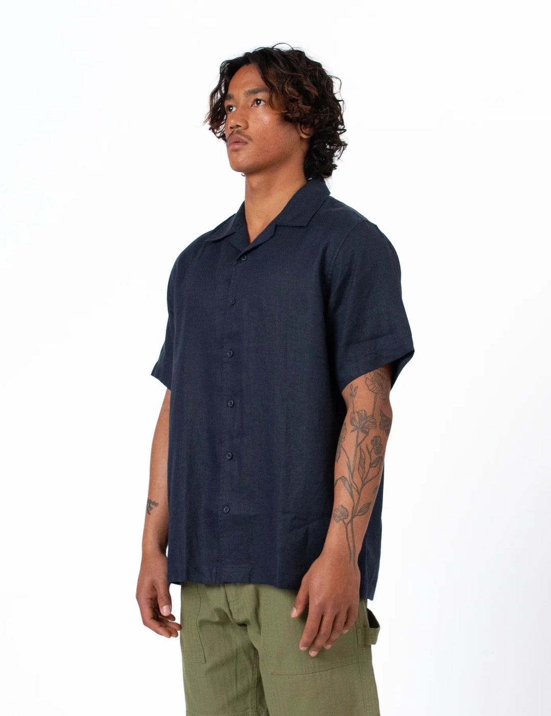 Simple | Linen Short Sleeve Cuban Shirt | Navy