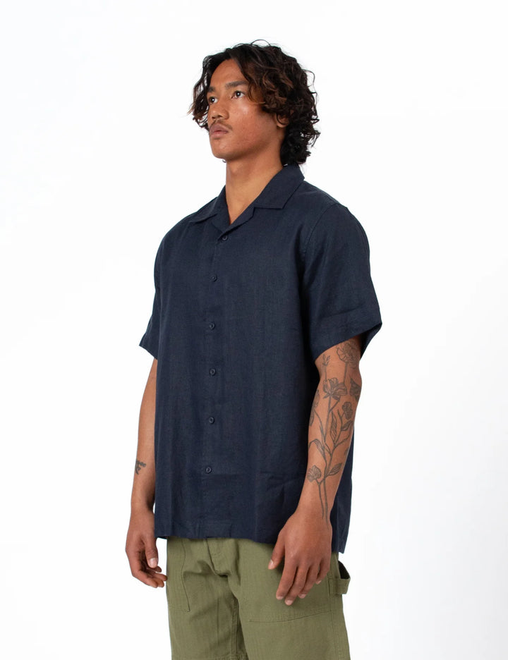 Simple | Linen Short Sleeve Cuban Shirt | Navy