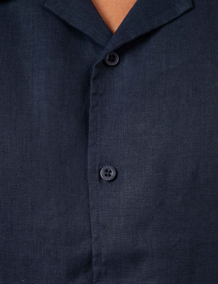 Simple | Linen Short Sleeve Cuban Shirt | Navy