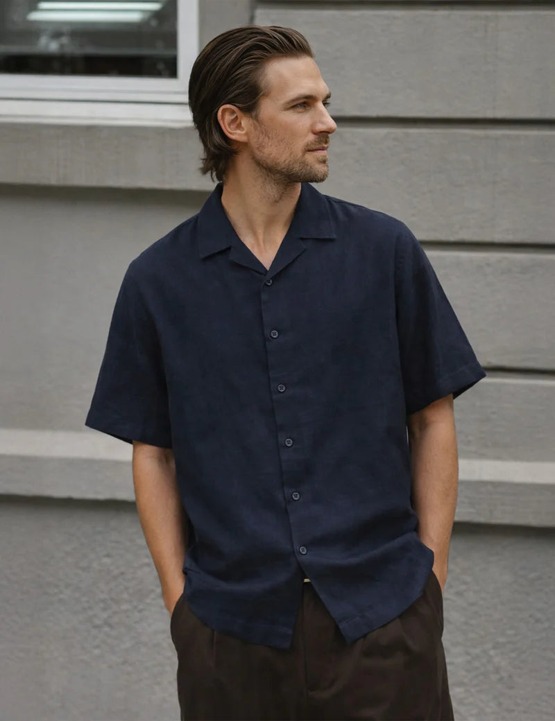 Simple | Cuban Linen Short Sleeve Shirt | Navy
