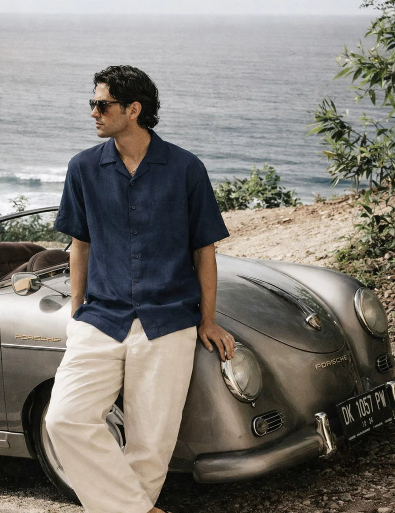 Simple | Cuban Linen Short Sleeve Shirt | Navy