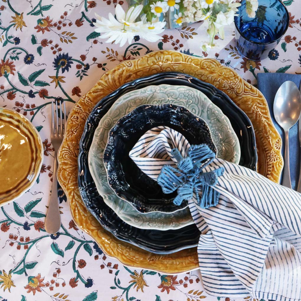 Samode Ochre Blue/Green Cotton Tablecloth | 170 x 350cm