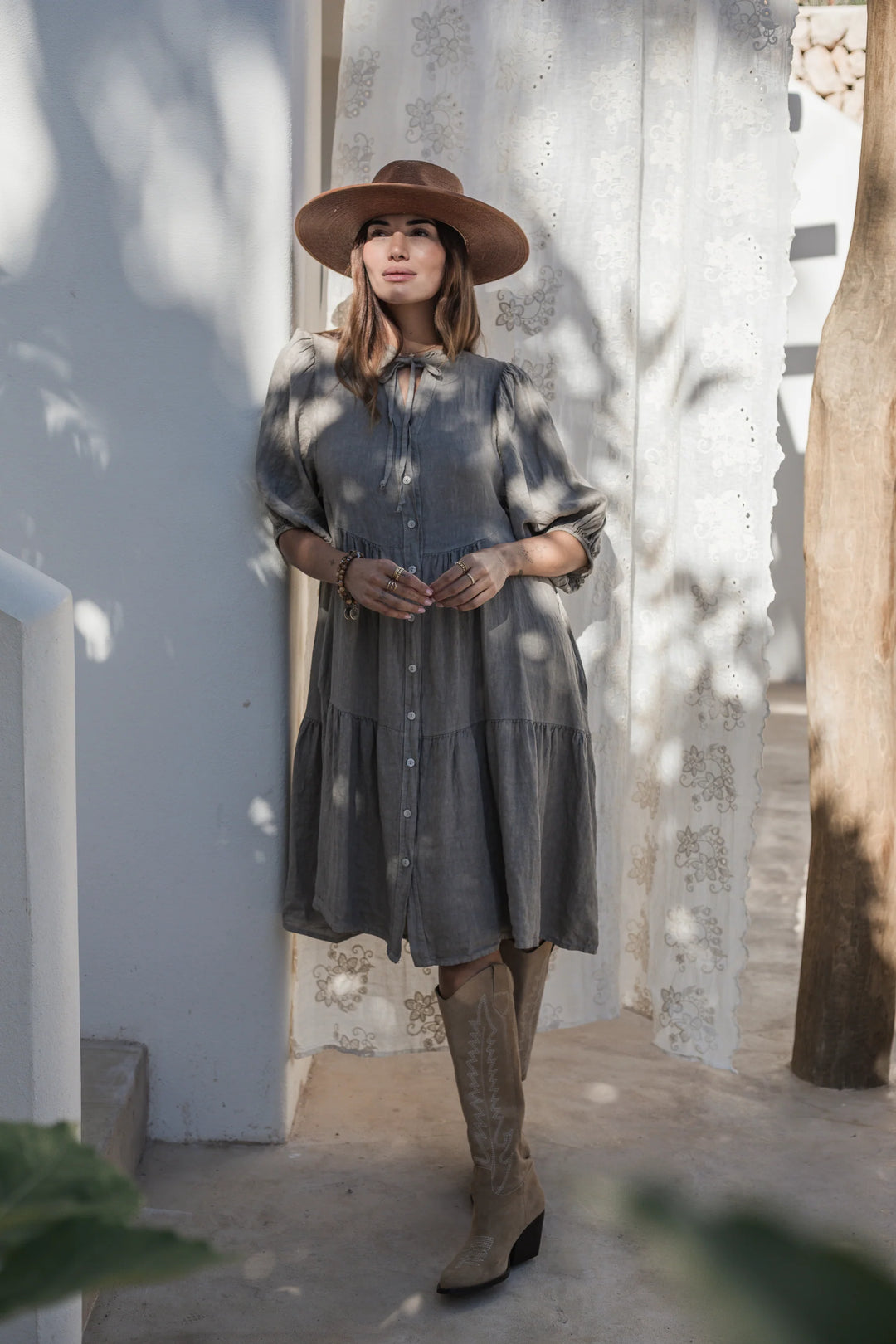 Bypias | Thalia Linen Midi Dress | Taupe