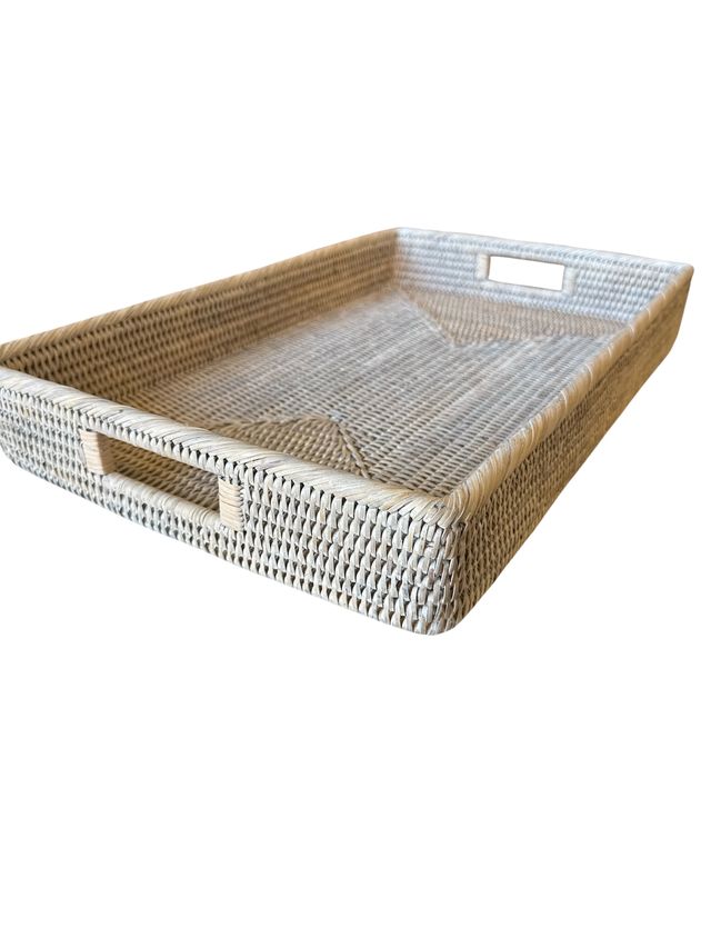 Rectangular Rattan Tray with Inset Handles | White Wash