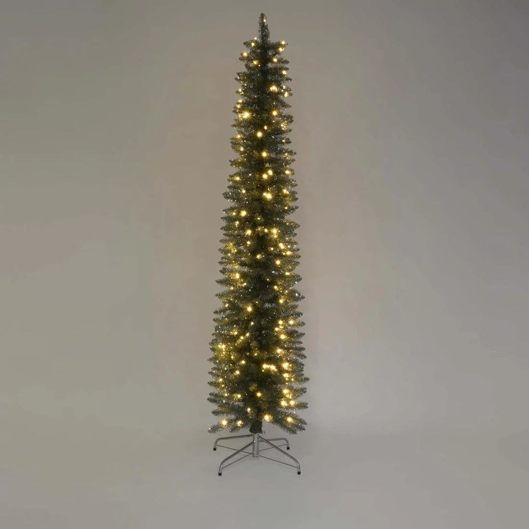 Light Up Slim Pencil Tree | Silver Green | 210cmH