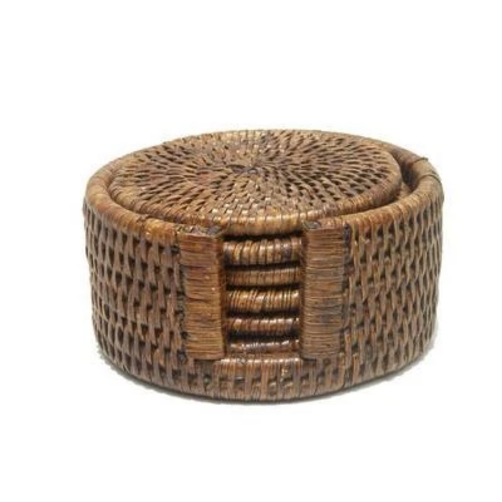Round Rattan Coasters | Set of 6 | Antique Brown