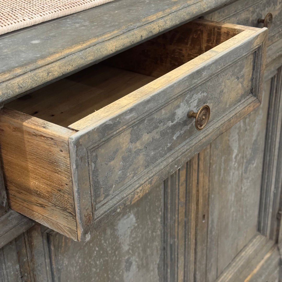 Antique Chestnut Credenza | Italy, Circa 1895 | Painted Chestnut Timber | Blue Patina | 63d x 124h x 163w - Suzie Anderson Home