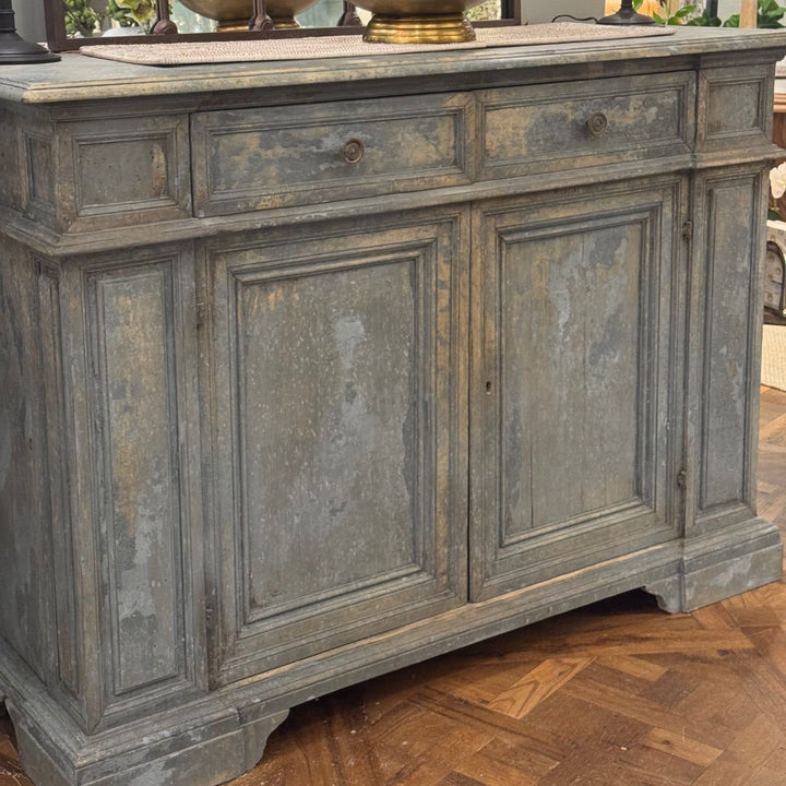 Antique Chestnut Credenza | Italy, Circa 1895 | Painted Chestnut Timber | Blue Patina | 63d x 124h x 163w - Suzie Anderson Home