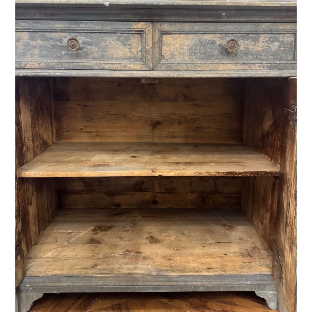 Antique Chestnut Credenza | Italy, Circa 1895 | Painted Chestnut Timber | Blue Patina | 63d x 124h x 163w - Suzie Anderson Home