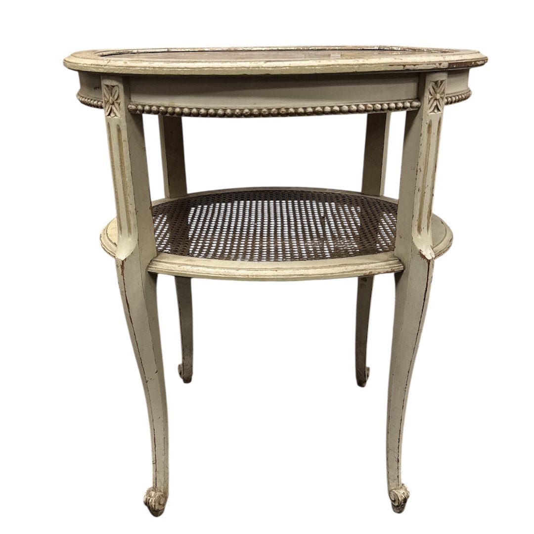 Antique French Louis XV Style Side Table | Rouge Marble Top & Rattan Shelf | Painted & Waxed - Suzie Anderson Home