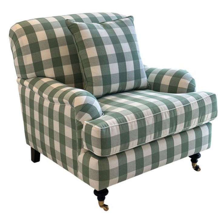 Carlton Armchair | Romo Kemble Celadon | Luxura Foam Seat | Incl Scatter Cushion | Bronze Castors