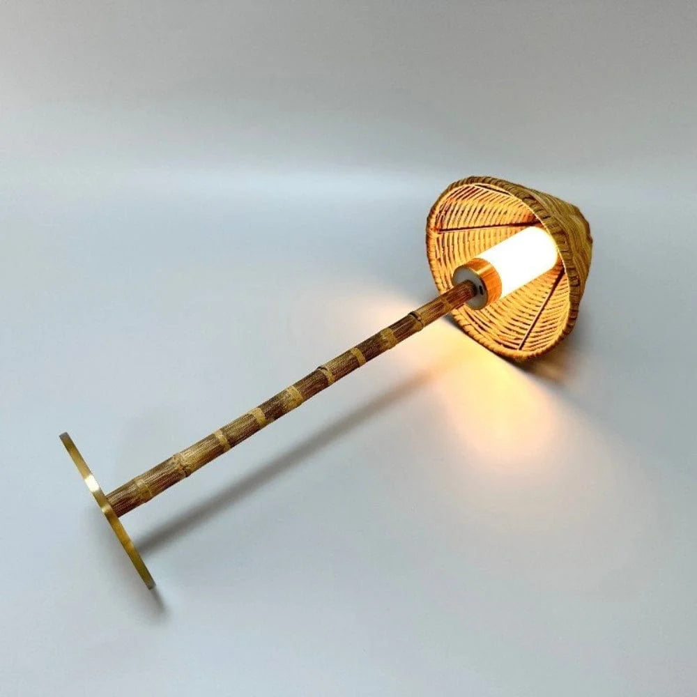 Portable LED Tall Lamp | Bamboo Pole with Rattan Shade