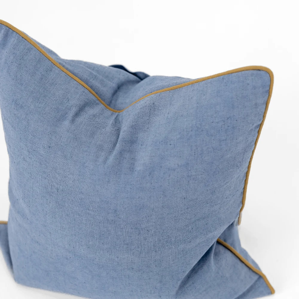 Linen Piped Blue &amp; Mustard Handwoven Cushion Cover