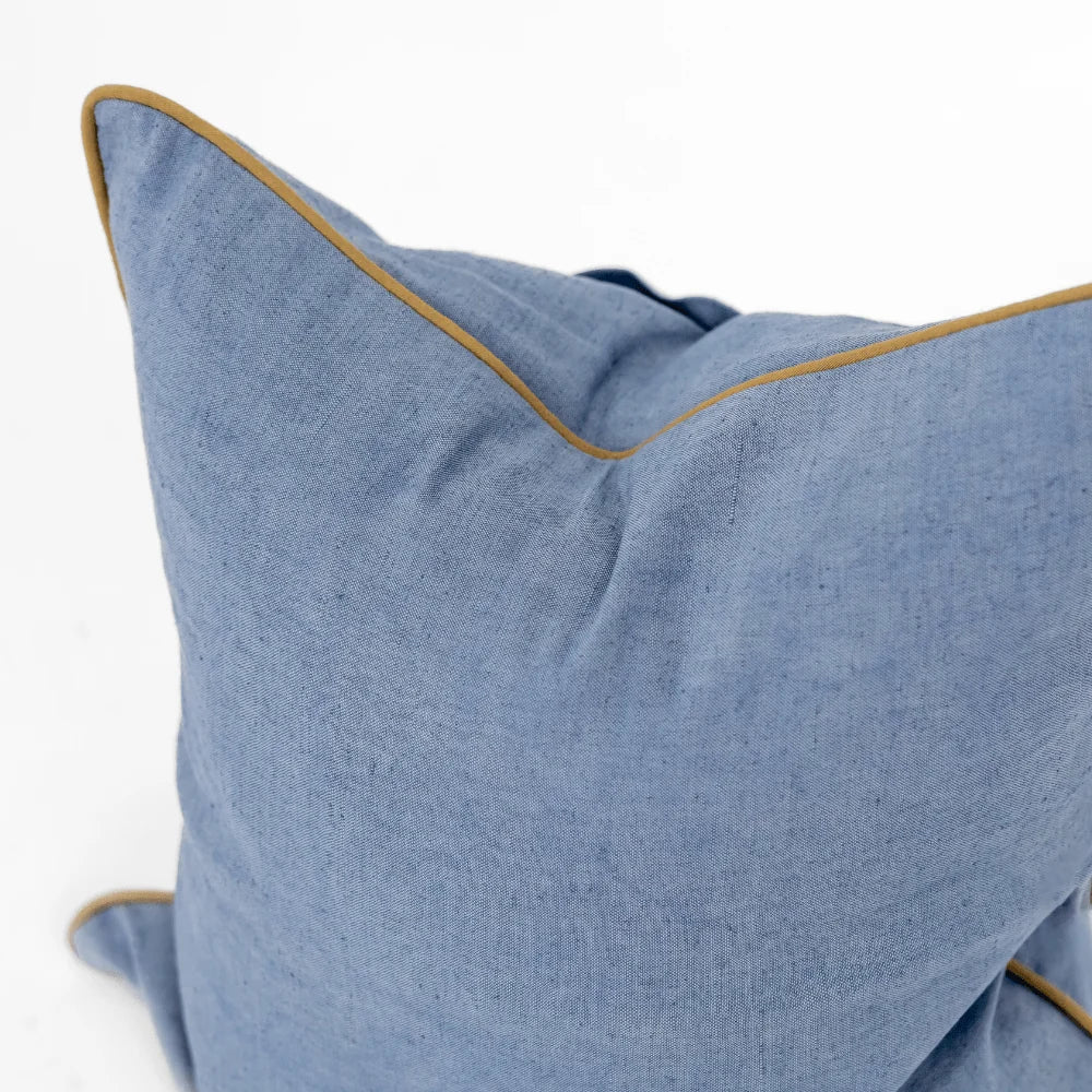 Linen Piped Blue &amp; Mustard Handwoven Cushion Cover