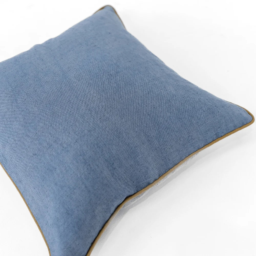 Linen Piped Blue &amp; Mustard Handwoven Cushion Cover