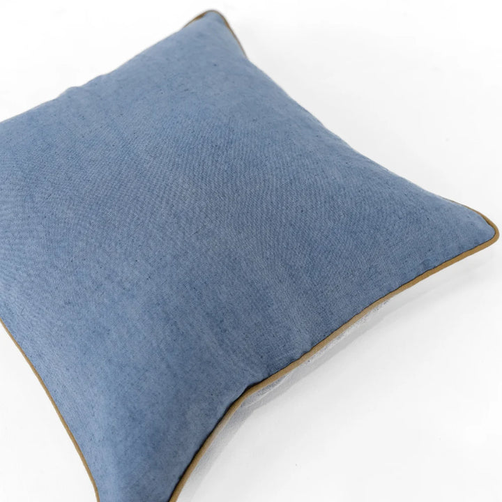 Linen Piped Blue &amp; Mustard Handwoven Cushion Cover
