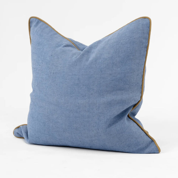 Linen Piped Blue &amp; Mustard Handwoven Cushion Cover