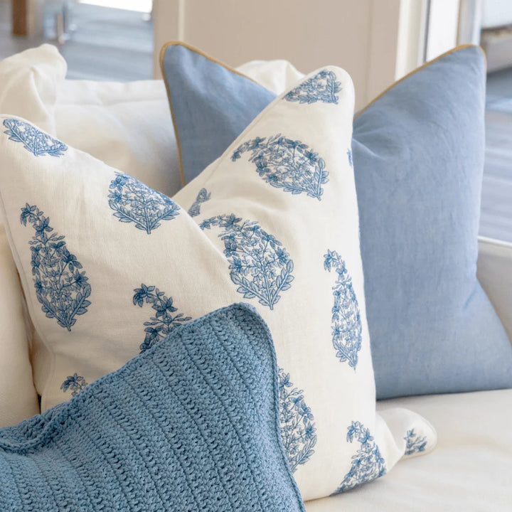 Linen Piped Blue &amp; Mustard Handwoven Cushion Cover