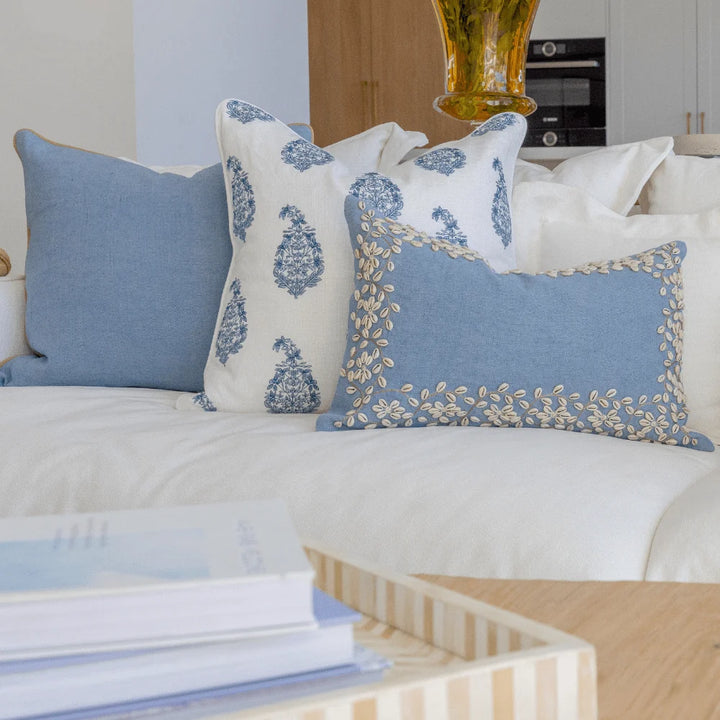 Linen Piped Blue &amp; Mustard Handwoven Cushion Cover