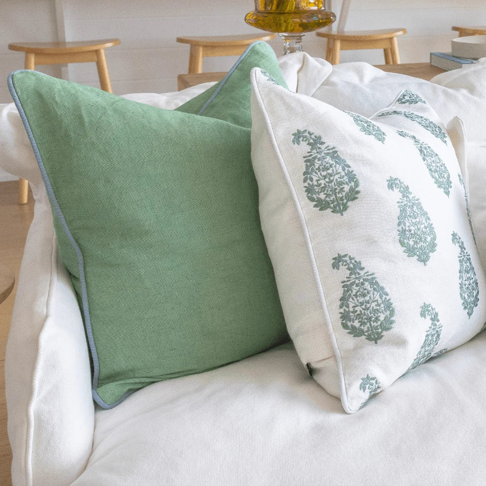 Linen Piped Green &amp; Blue Handwoven Cushion cover