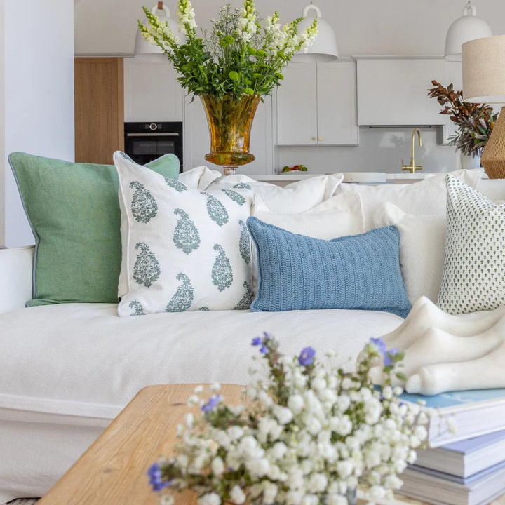 Linen Piped Green &amp; Blue Handwoven Cushion cover