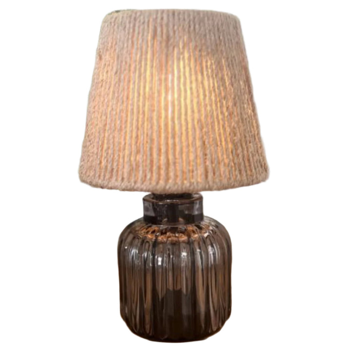 Ribbed Smoked Glass Lamp w Roped Shade | 23cmH *Requires Batteries 3x AAA (not included)