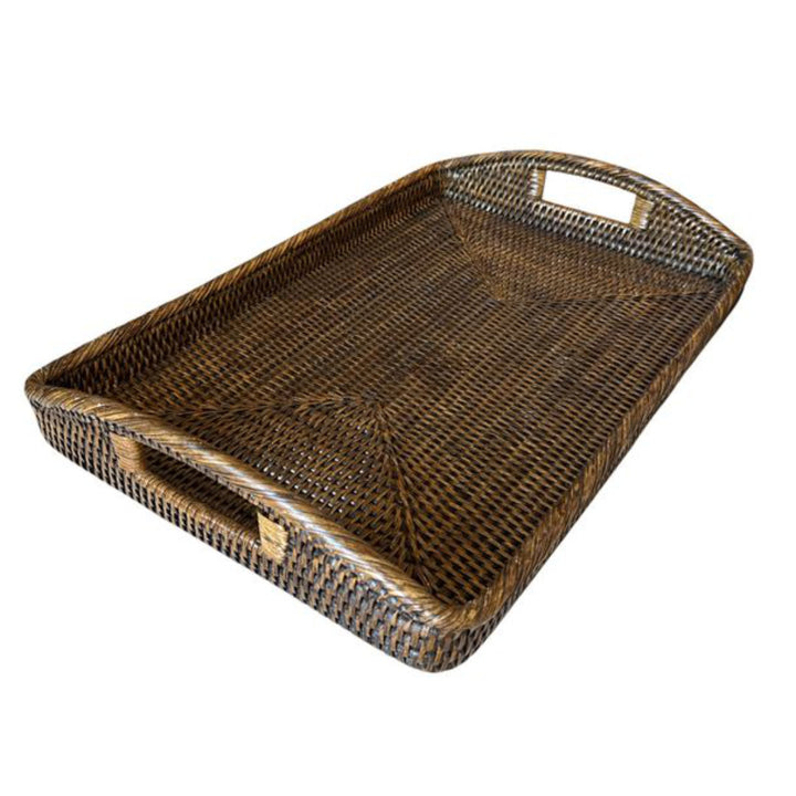 Rectanagular Rattan Breakfast Tray | Rounded Handles | Antique Brown