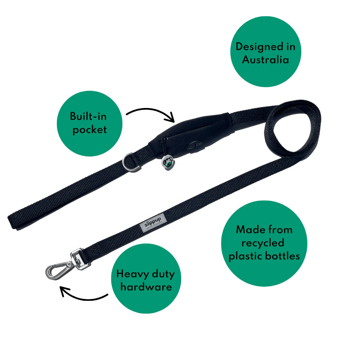 Ziippup | Black Dog Lead with Built in Pocket (BOWRAL)