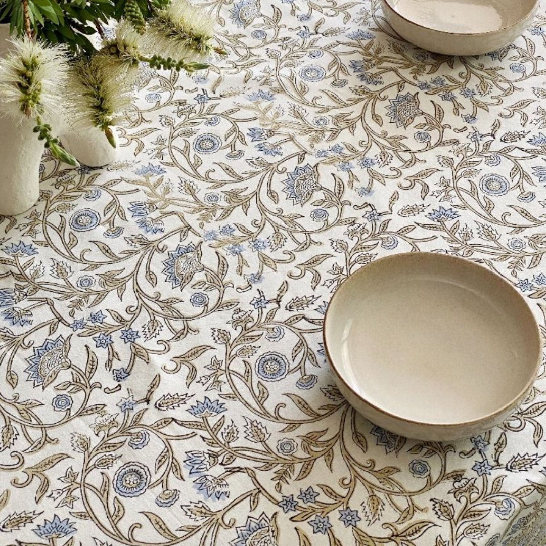 Blue & Beige Block Print Tablecloth | 150x220cm - Suzie Anderson Home