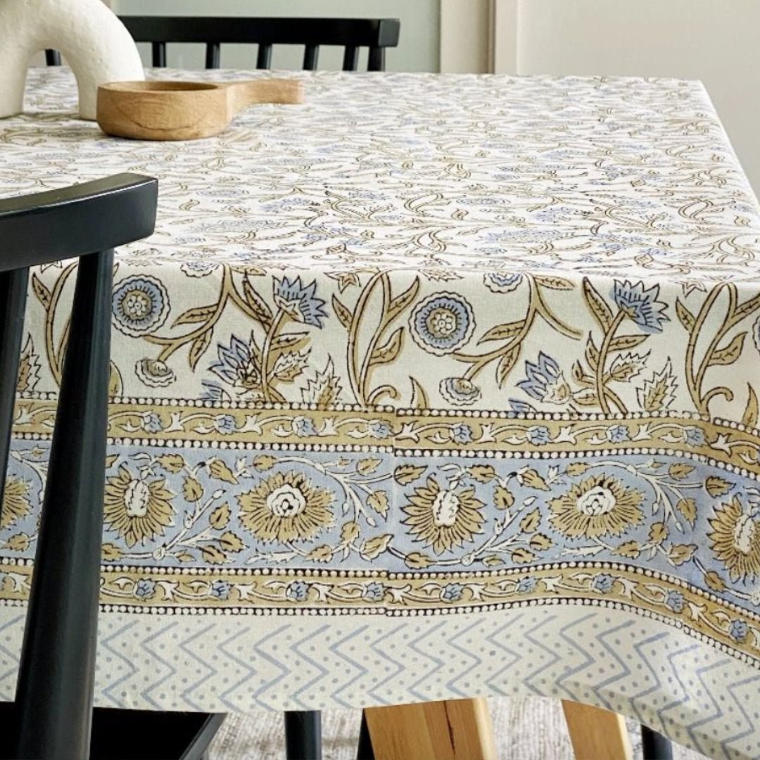 Blue & Beige Block Print Tablecloth | 150x220cm - Suzie Anderson Home