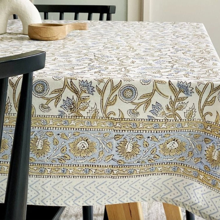 Blue & Beige Block Print Tablecloth | 150x220cm - Suzie Anderson Home