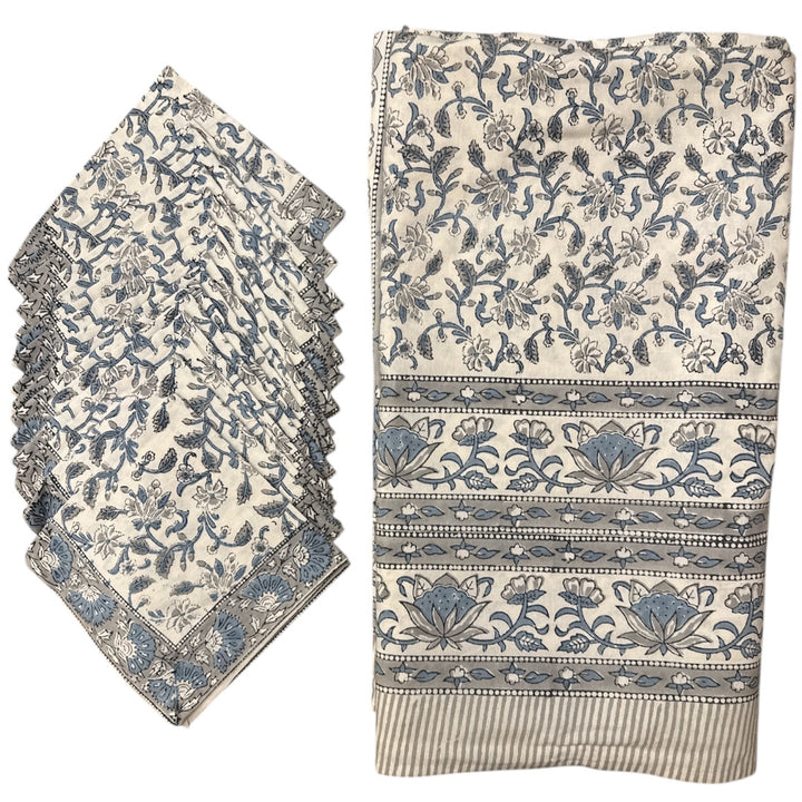Large Jaipur Cotton Tablecloth 4.5mx2.30m & 16 Napkin Set | Blue/White/Pale Grey