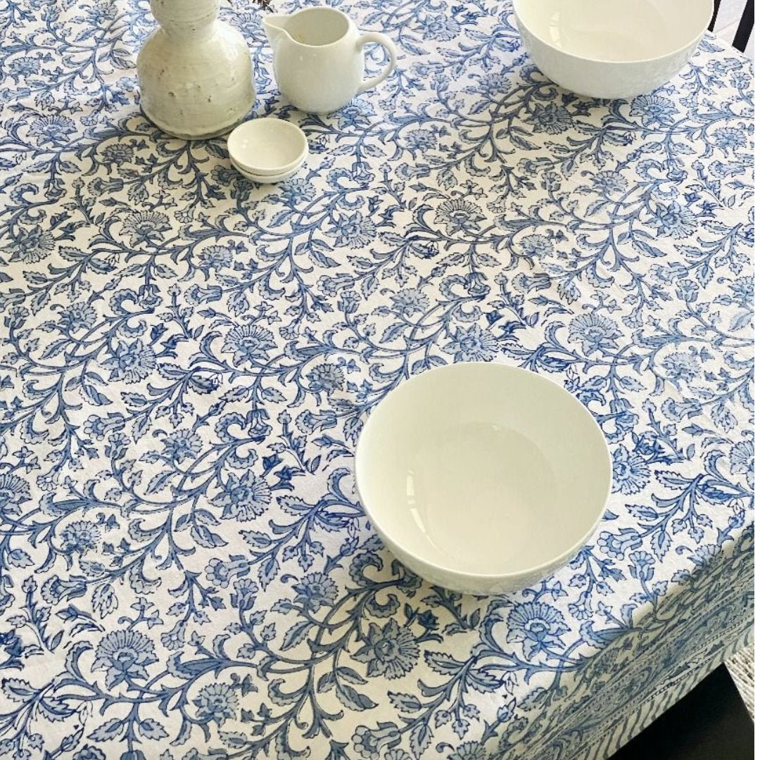 Blue & White Block Print Tablecloth | 150x220cm - Suzie Anderson Home
