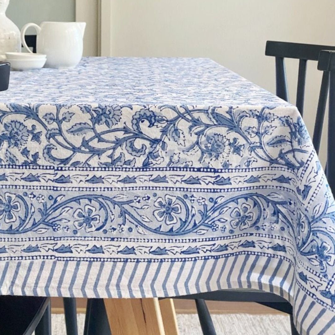Blue & White Block Print Tablecloth | 150x220cm - Suzie Anderson Home