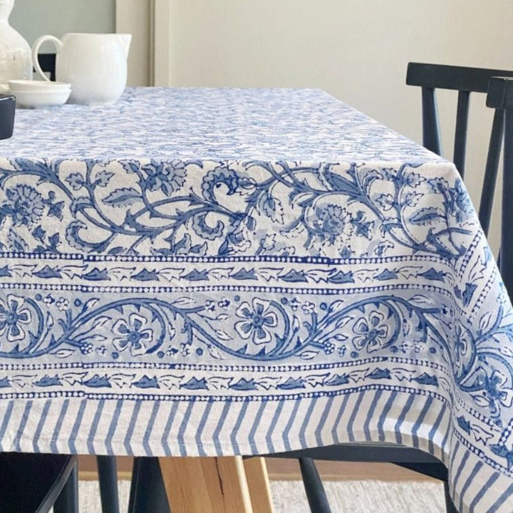 Blue & White Block Print Tablecloth | 150x220cm - Suzie Anderson Home