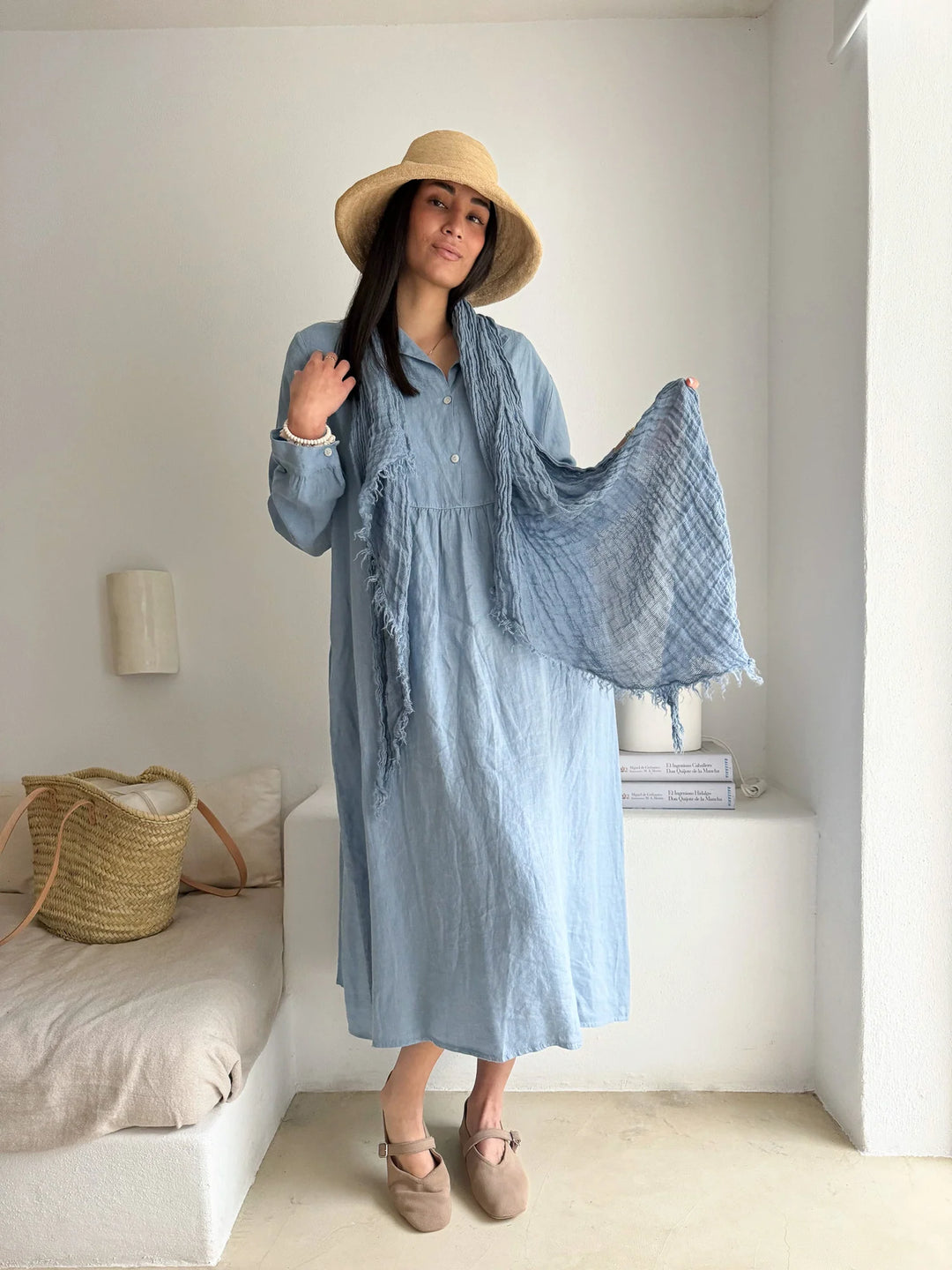 Bypias | Boho Mesh Linen Scarf | Denim Blue