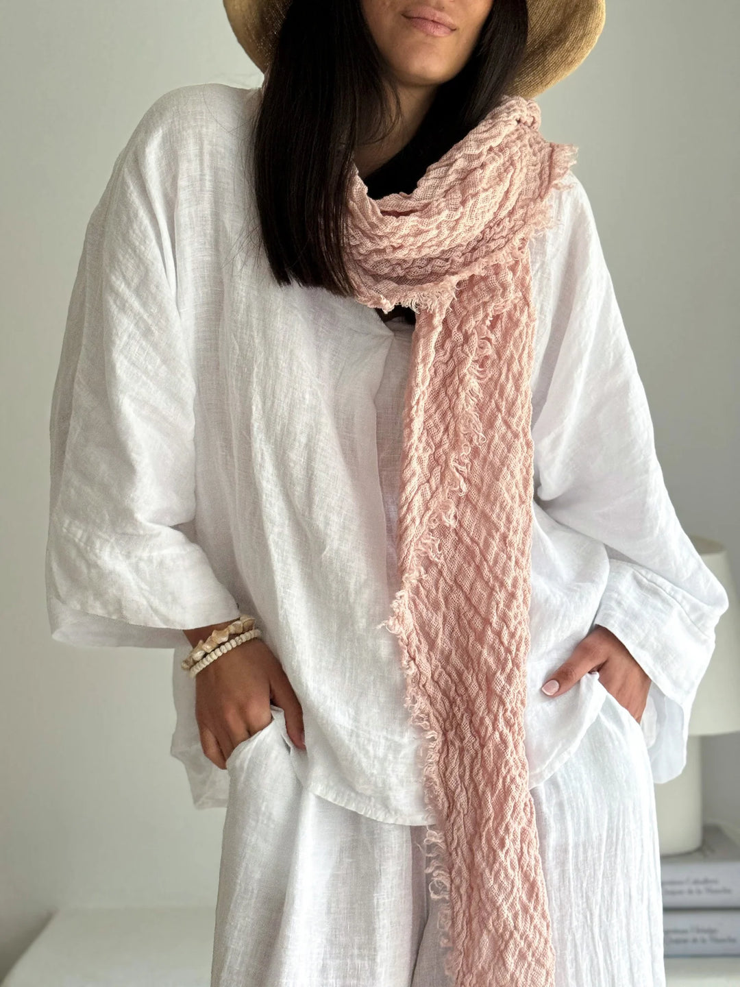 Bypias | Boho Mesh Linen Scarf | Light Pink