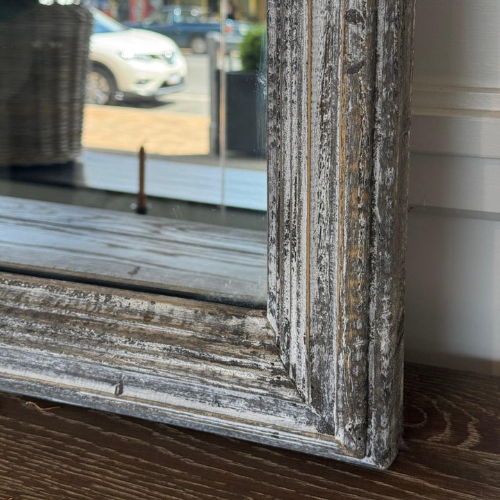 French Style Mirror in Timber with Rustic Grey Frame & Decorative Flourish at the Crest