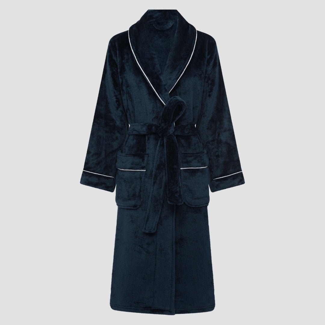 Brogo Bath Robe With Piping | Ink/White - Suzie Anderson Home