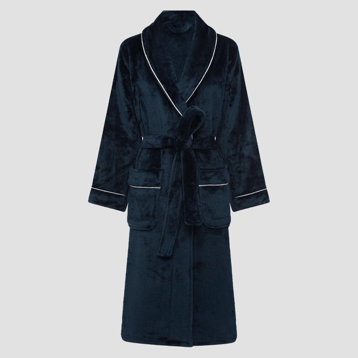 Brogo Bath Robe With Piping | Ink/White - Suzie Anderson Home