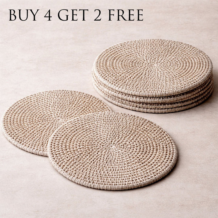 Bundle Offer | Whitewash Rattan Large 38cm Round Placemats — Buy 4, Get 2 Free - Suzie Anderson Home
