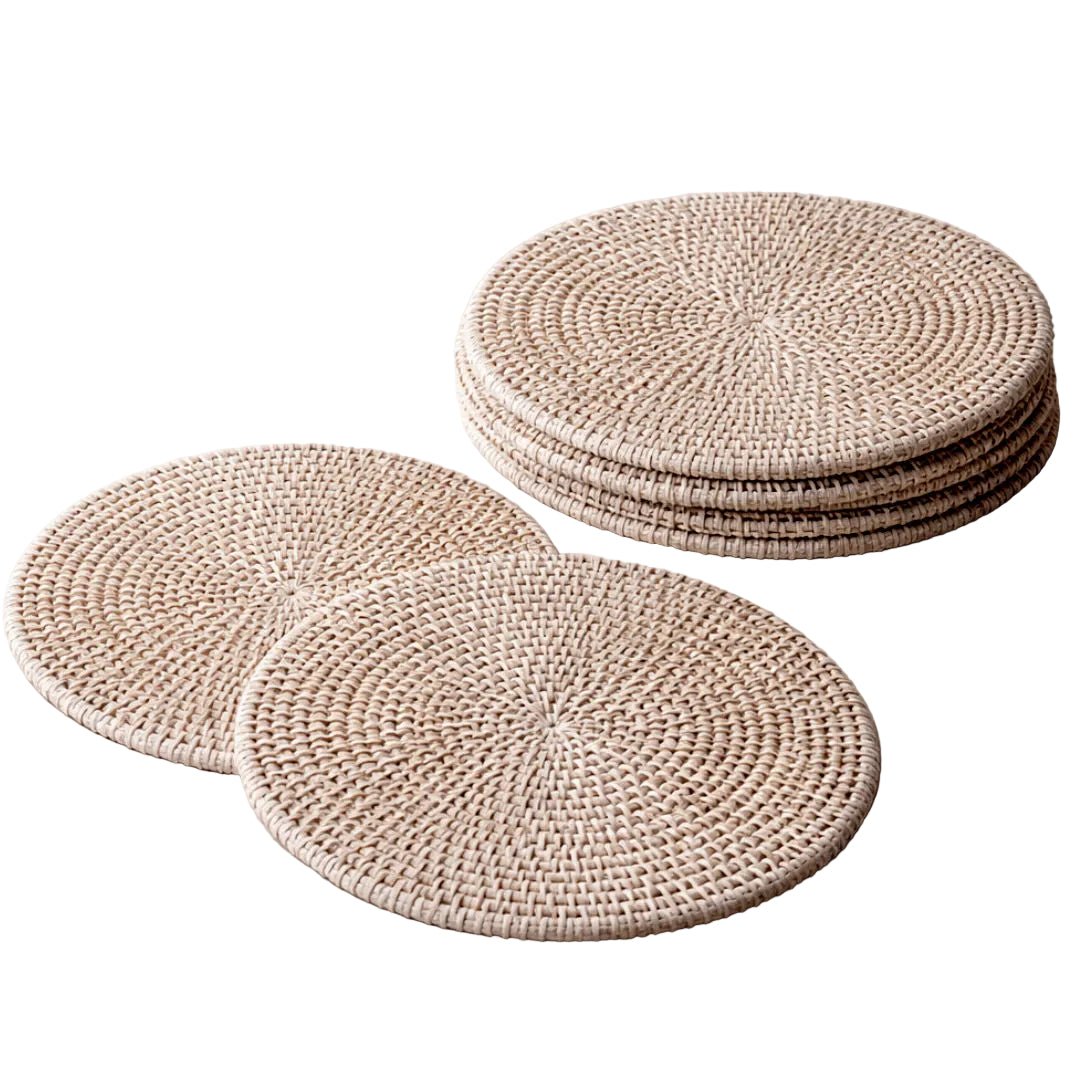 Bundle Offer | Whitewash Rattan Large 38cm Round Placemats — Buy 4, Get 2 Free - Suzie Anderson Home