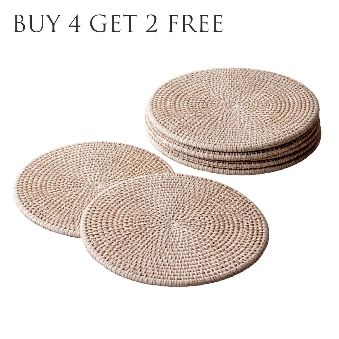 Bundle Offer | Whitewash Rattan Small 25cm Round Placemats — Buy 4, Get 2 Free - Suzie Anderson Home