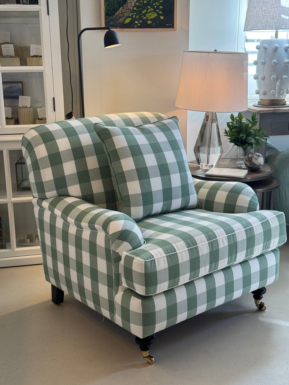 Carlton Armchair | Romo Kemble Celadon | Luxura Foam Seat | Incl Scatter Cushion | Bronze Castors - Suzie Anderson Home