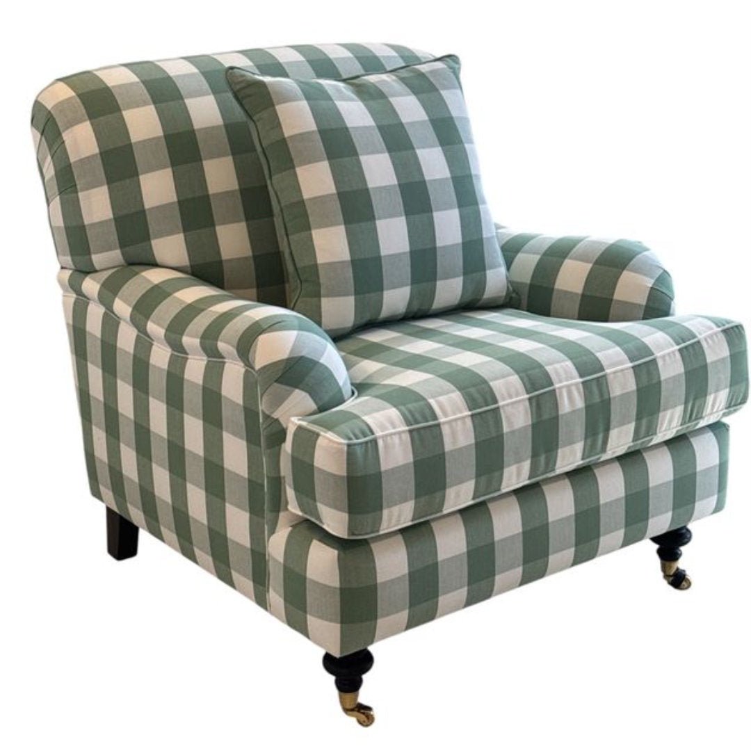 Carlton Armchair | Romo Kemble Celadon | Luxura Foam Seat | Incl Scatter Cushion | Bronze Castors - Suzie Anderson Home