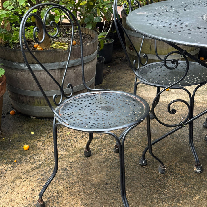 Vintage French Black Iron Bistro Table with Four Chairs