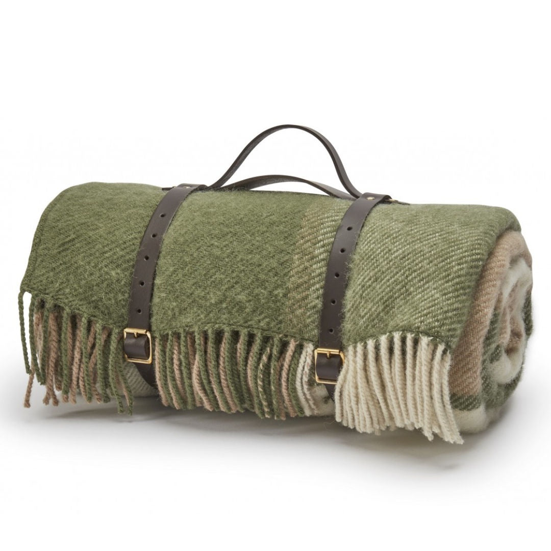 Picnic Rug Woollen with Waterproof Backing &amp; Leather Strap | Block Check Olive
